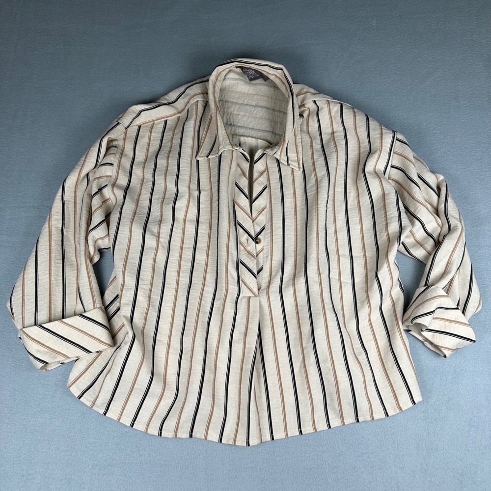 Olivia & Martin Blouse Womens Large Cream Tan Stripe Long Sleeve Pullover